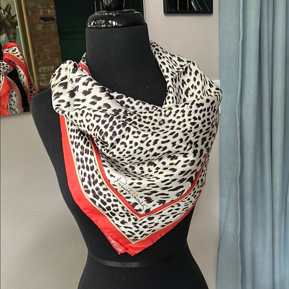 Roberto Cavalli Black and White Animal Print / Deep Coral border. 34x34 MINT